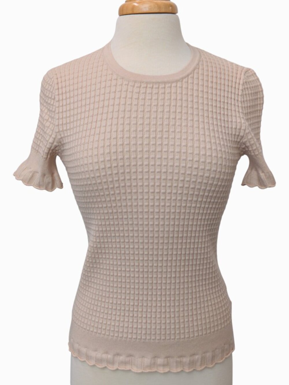Philosophy Tan Waffle Knit Ruffled Short Sleeve Sweater Sz S